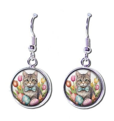 Sweet Easter Theme Tabby Cat Lovers - Handmade Resin Dangling Earrings 16mm SIZE