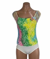 Weissman Dance Leotard Rainbow Lace Rhinestone Tie Dye Flowers Puff Sleeve CM