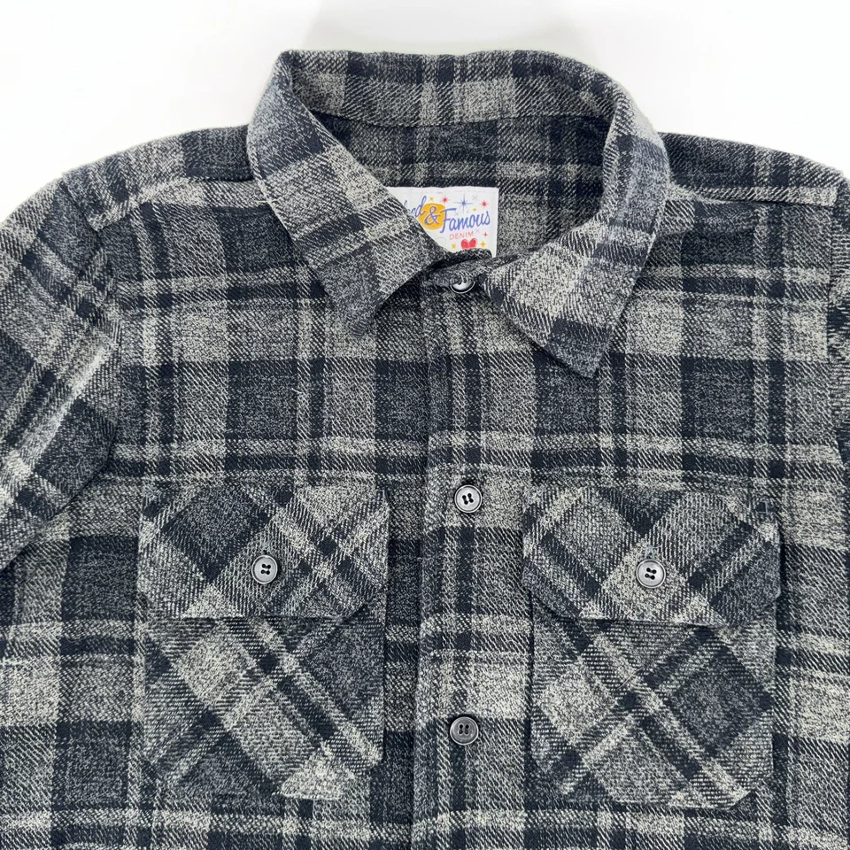 Мужская серая черная клетчатая толстая фланелевая рубашка из денима Naked & Famous размер средний - Изображение 3 из 4