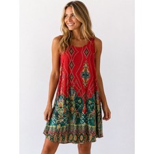 MOA Women's XL Sleeveless Boho Swing Dress Red Paisley Floral Tunic