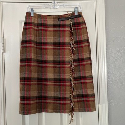 Jaclyn Smith Size 10 Camel Red Wool Blend Plaid Skirt with Fringe