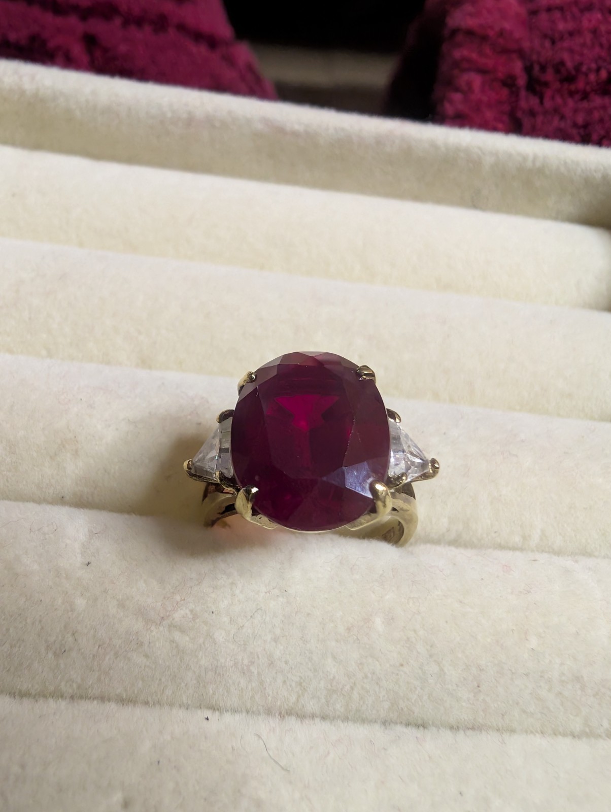 925 Gold Overlay Ruby Ring Size 7 Large Oval Appr… - image 3
