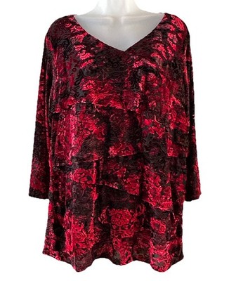 Established Woman Sz 2X Velvet Burnout 3/4 Sleeves Red Black Layered Valentines