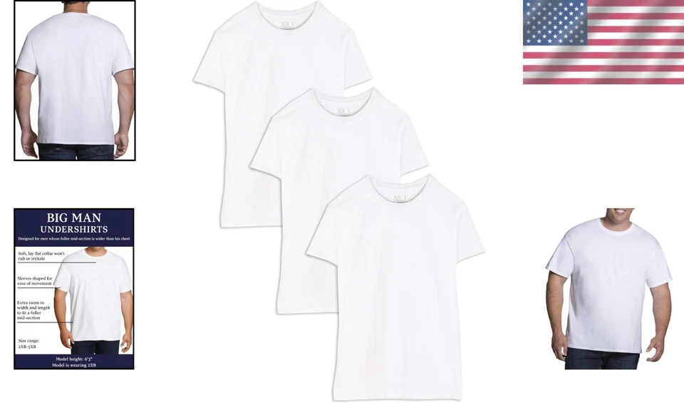 Men's Big and Tall Tag-Free Undershirts - Big Man Crew Neck 3 Pack White - Image 2 of 4