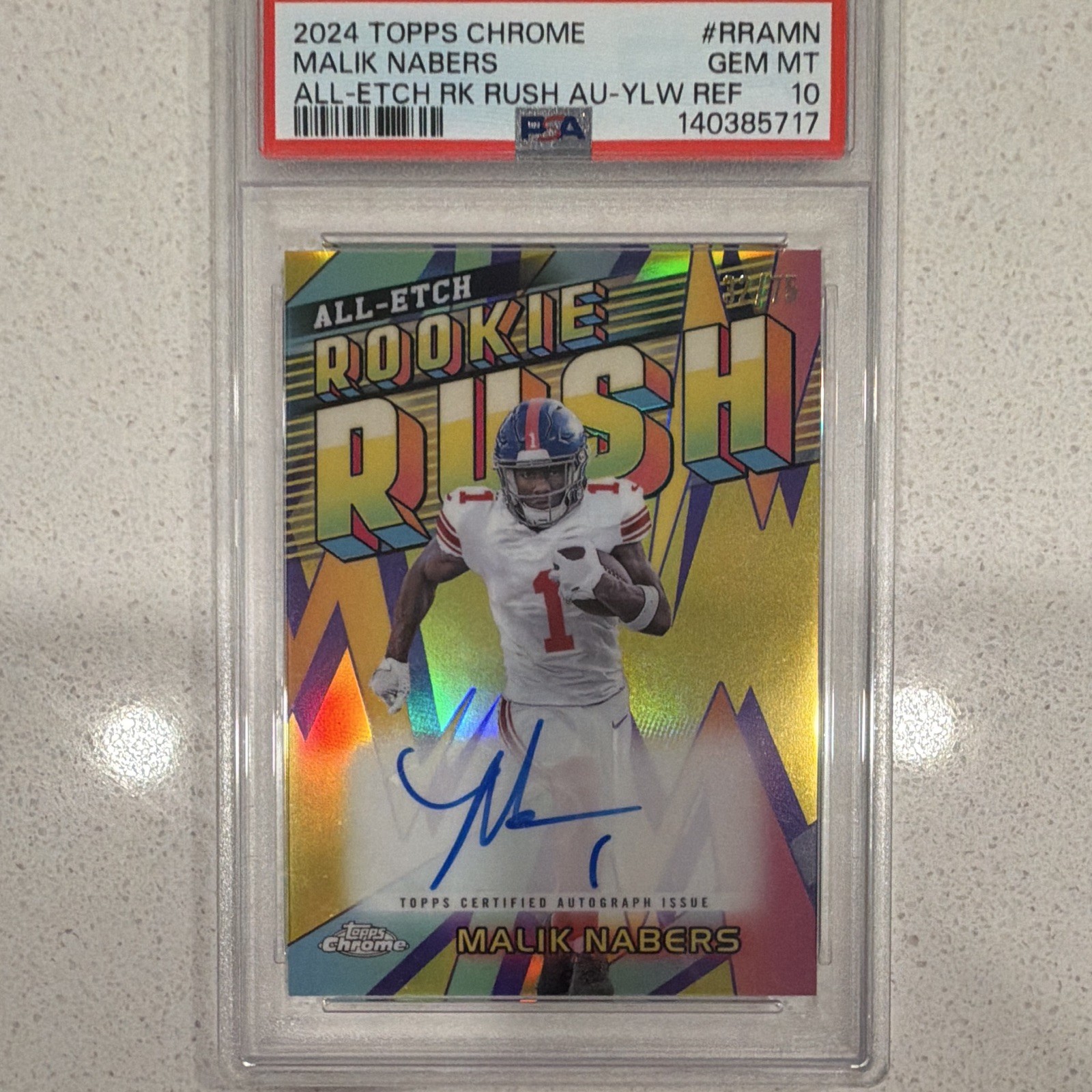 Topps 2024 Chrome Malik Nabers All-Etch Rookie Rush Auto Yellow 32/75 PSA 10