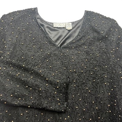 Scala Beaded Silk Evening Top Womens 1X Black Gold Cocktail Party Formal
