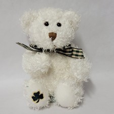 Russ Berrie Shannon White Curly Teddy Bear Shamrock Bow Plush St Patricks