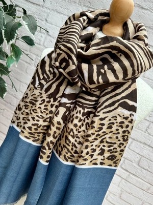Damen Zebra Print & Leopard Streifen Bordüre ausgefranst Mode Schal-blau