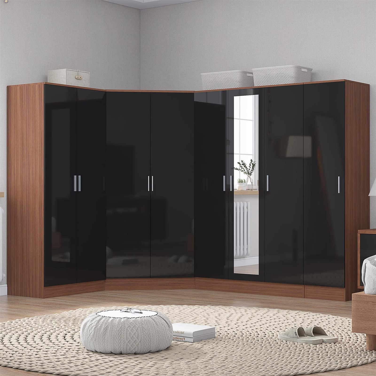 REFLECT 2 Door Corner + 3 +  2 + 1 Plain Door Wardrobe Bundle - Black/Walnut - Image 4