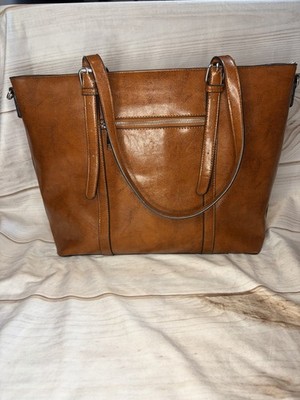 Leather Laptop Bag Work Tote Shoulder Bag Brown Satchel Structured Zip Pockets