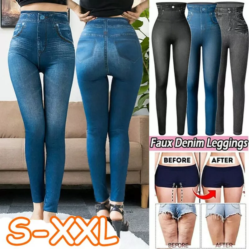 Women FAKE Jeans Printed Faux Denim Leggings High Waist Elastic