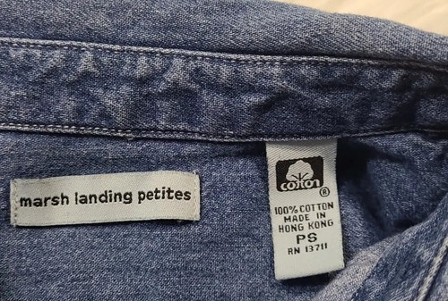 Marsh Landing Petite Womens Top Sz PS Chambray Blue Button Front Short Sleeve - Picture 3 of 5