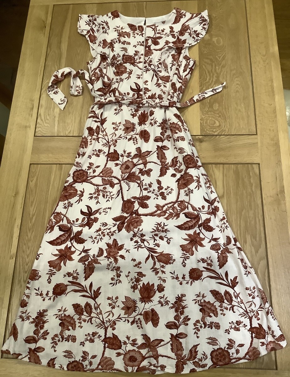 Oasis Lined Cream/Brown Linen Mix Dress With Belt Size 10 UK