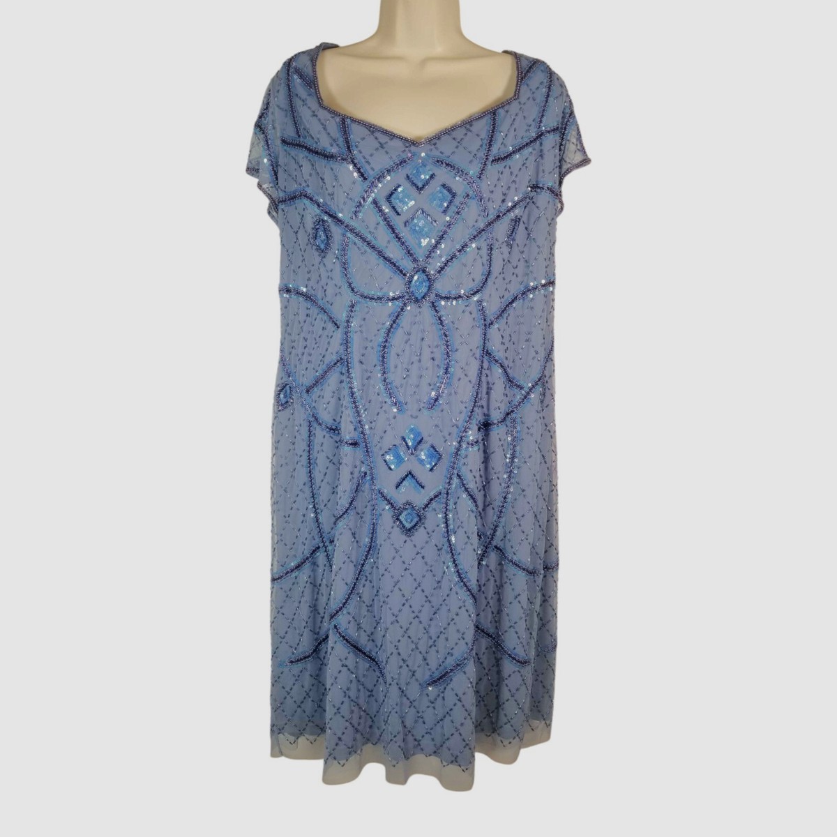 Adrianna Papell Women Blue Beaded Back-Cutout Dress Plus Size 20W