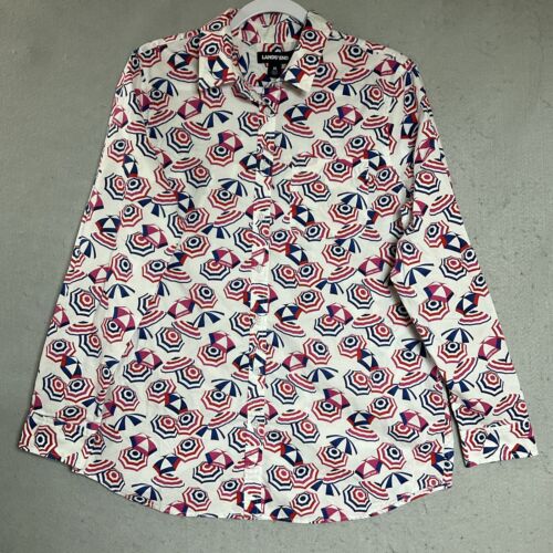Lands End Top Shirt Women Large Pink Beach Umbrellas Beach Coastal Cruise Resort - Picture 2 of 11