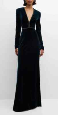 $4295 Monique Lhuillier 14 Plunging Crystal embellished Velour Gown elegant