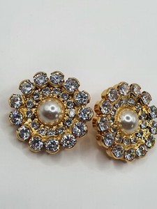 Authentic Alessandra Rich 18k Gold Plated Crystal & Pearl Embellished Clip" Faba" Earrings