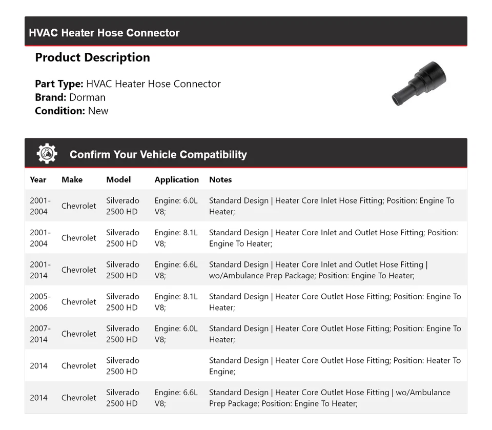 Conector de manguera de calefacción HVAC Dorman 2001-2014 Chevrolet Silverado 2500 HD Foto 2 de 4
