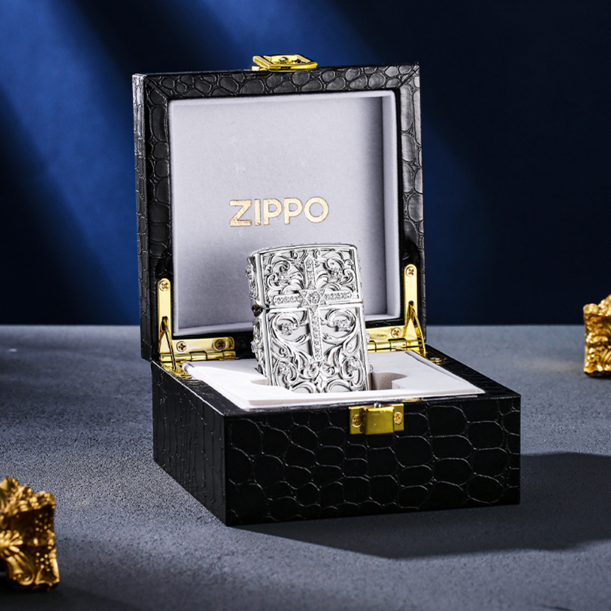Luxury Zippo Lighter Diamond Cross, Silver Engraved Gift Set with