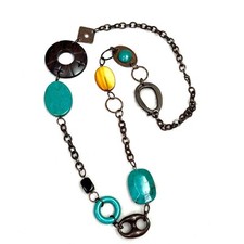 Chunky Statement Necklace Long Boho Southwestern Turquoise Color Bronze Brown