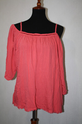 NWT Mavi Jeans Sz M Coral Viscose Strapped Off The Shoulder 3/4 Sleeve Top