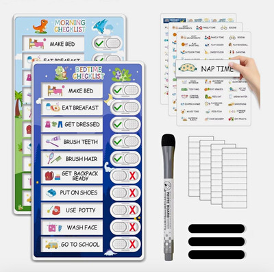 2-in-1 Morning & Bedtime Routine Magnetic Chore Chart Checklist Set w/ Marker