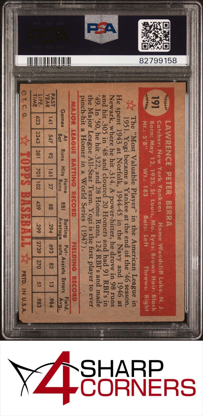 1952 TOPPS #191 YOGI BERRA YANKEES HOF PSA 3.5 view 2