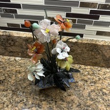 Vintage Beautiful jade and quartz 9” tall flower tree rare In Cloissenet Pot