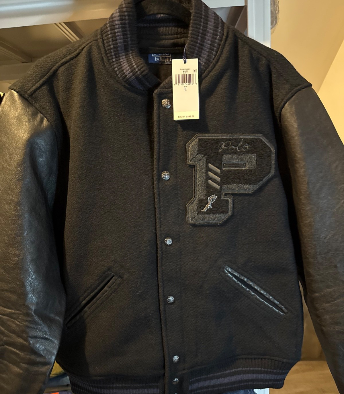 POLO RALPH LAUREN Black Iconic P Patch Wool Blend & Leather Letterman L COAT NWT image 9