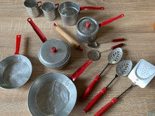 Vintage Play Tin Dishes Pans Utensils Lot As Is - 30 Items See Pics