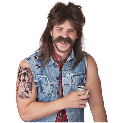Lone Wolf Vokuhila 80er braun Bogan weiß Trash Redneck Herren Kostüm Perücke Schnurrbart