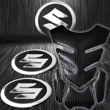 4PCs Perforated Black Fuel Tank Pad+2x 2" Chromed 3D Suzuki Logo Emblem Sticker