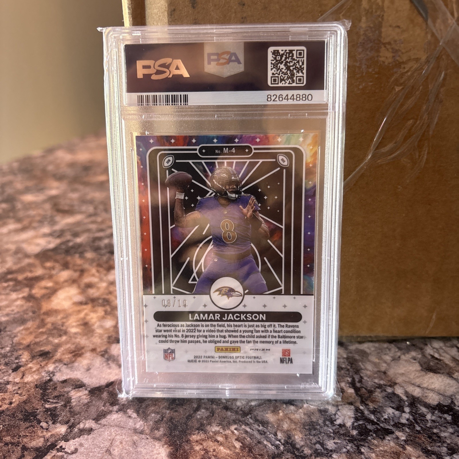 2022 Panini Optic Lamar Jackson PSA 9 Mythical 08/10 GOLD CASE HIT Jersey Match view 2