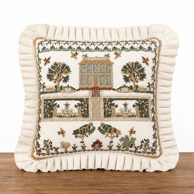 Vintage Embroidery Sampler Pillow Hand-Worked Crewel Needlework Stitch  Cottage