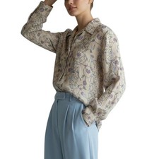 Vintage Y2K 100 Silk Floral Blouse Beige Ruffle Cuff Button Down sz PM
