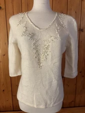 Vermani Ladies Ivory Lambswool & Angora Beaded Sheer Front Sweater Large L