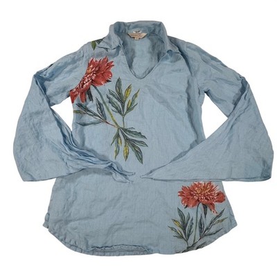 Sophia Cris Blue 100% Linen Floral Peony V-Neck Tunic Top Bell Sleeve Size 6