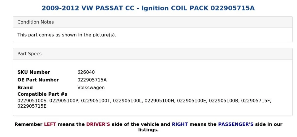 2009-2012 VW PASSAT CC - Ignition COIL PACK 022905715A - Imagen 4 de 4