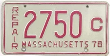Vintage Massachusetts 1978 Repair License Plate 2750 Mechanic Gas Station Dealer