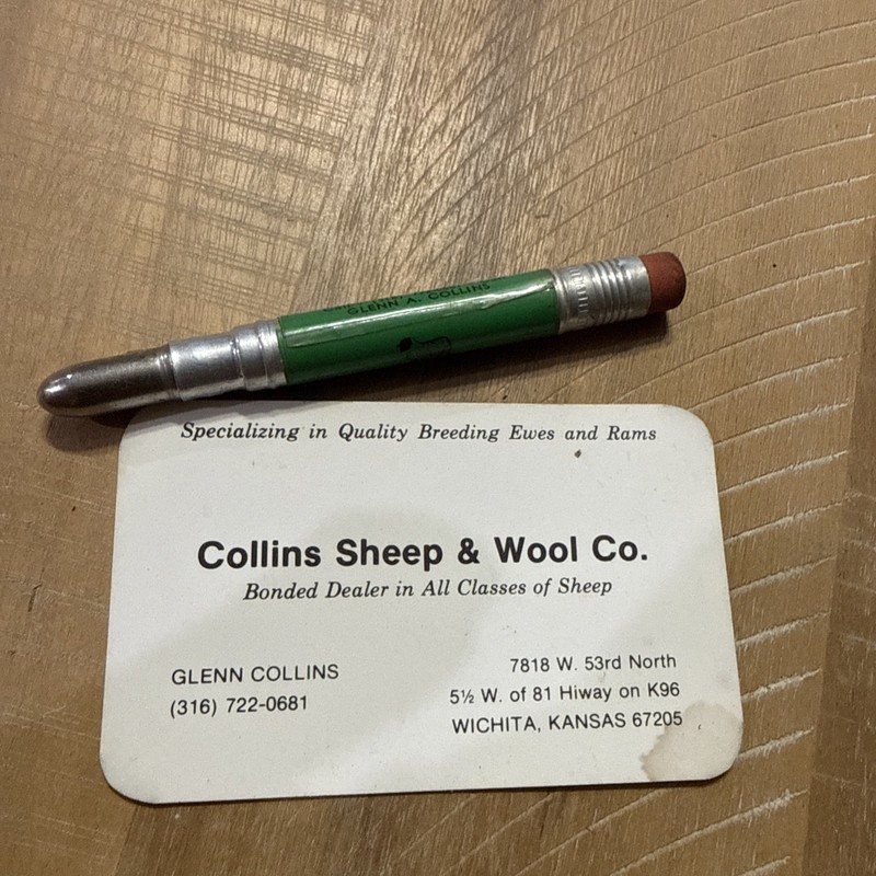 Vintage Bullet Pencil Collins sheep and wool company Wichita KC & business card 