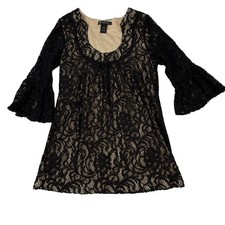 Whimsygoth Flowy Tunic Overlay Mini Dress 6 Floral Lace Bell Sleeve Romantic