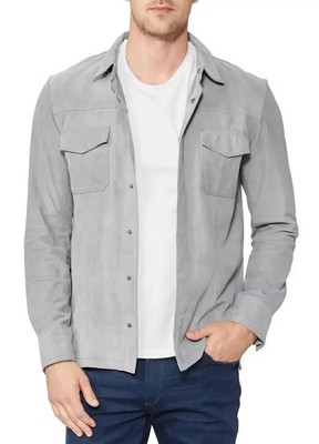 Gray Shirt Real Suede Leather Jacket For Men