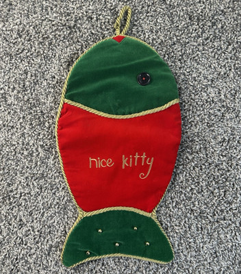 Fish shaped  Nice Kitty Christmas Stocking 13.5  Velour Color Block