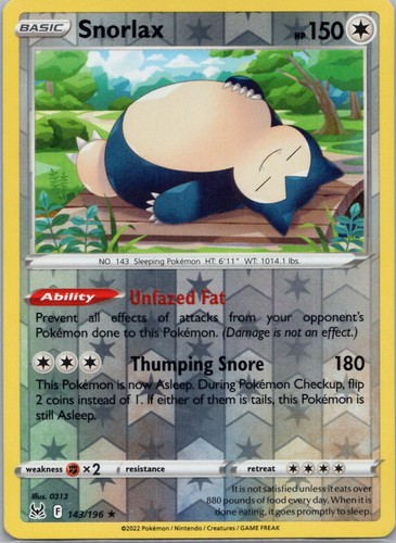Snorlax 143/196 Lost Origin Rare Pokemon Lightly Played Reverse Holo