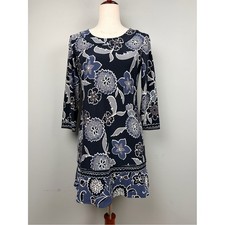 Nine West Dress Womens 4 Blue Floral Shift Ruffle Hem 3/4 Sleeve Stretch