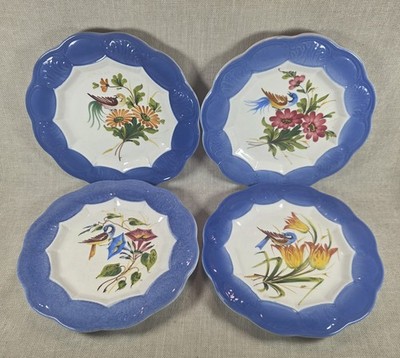 4 VTG Hand Painted Italian Majolica 9'' Luncheon Plates Blue Border Bird Scallop