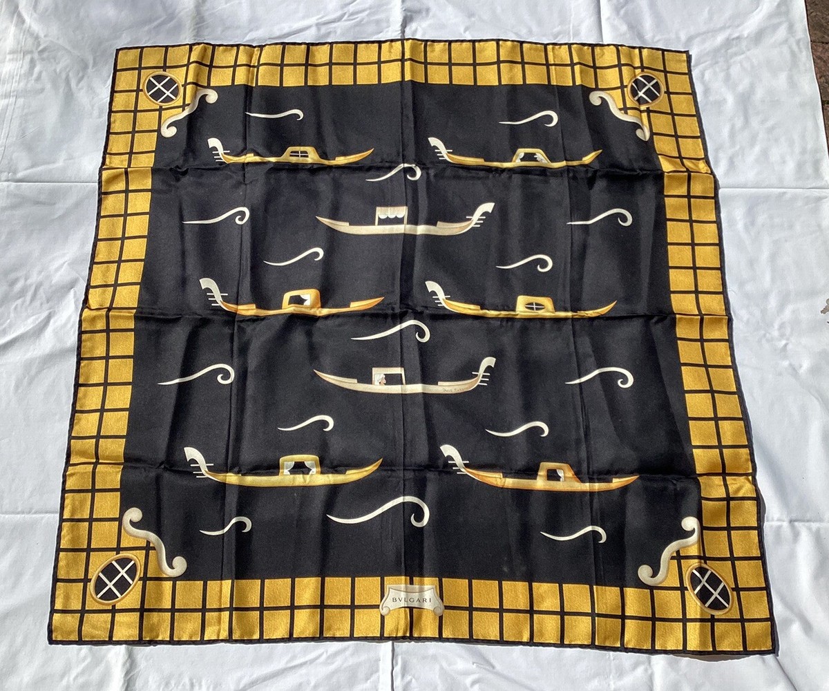 Vintage BVLGARI BULGARI Silk Scarf Gondola Black 33”x33.5