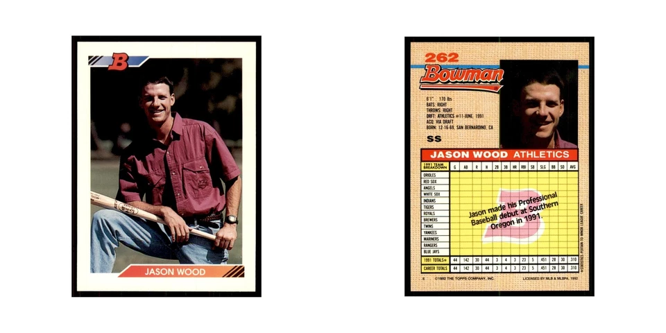 1992 Bowman Jason Wood Baseball Cards #262 - Image 3 of 3