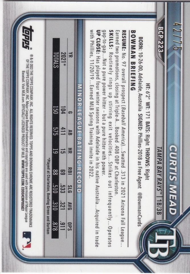 2022 Bowman Chrome - Prospects Curtis Mead #BCP-223 Yellow Refractor /75 (RC) - Image 2 of 2