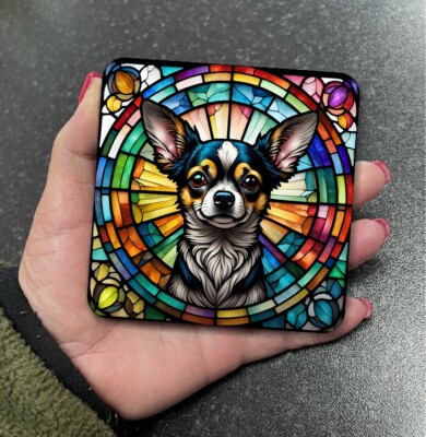 Stunning Chihuahua Dog Stained Glass Effect Square Coaster Coffee
